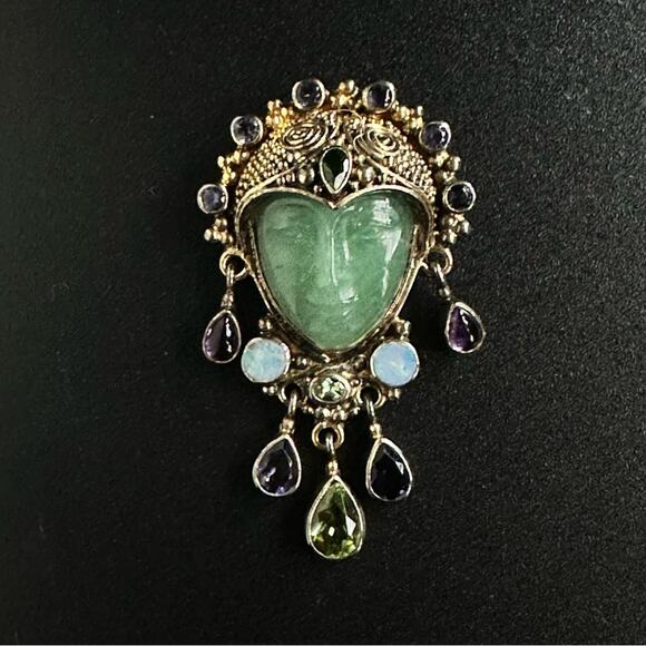Vintage Gold Plated Sajen 925 Jade Face Brooch With Jewels - Picture 2 of 4
